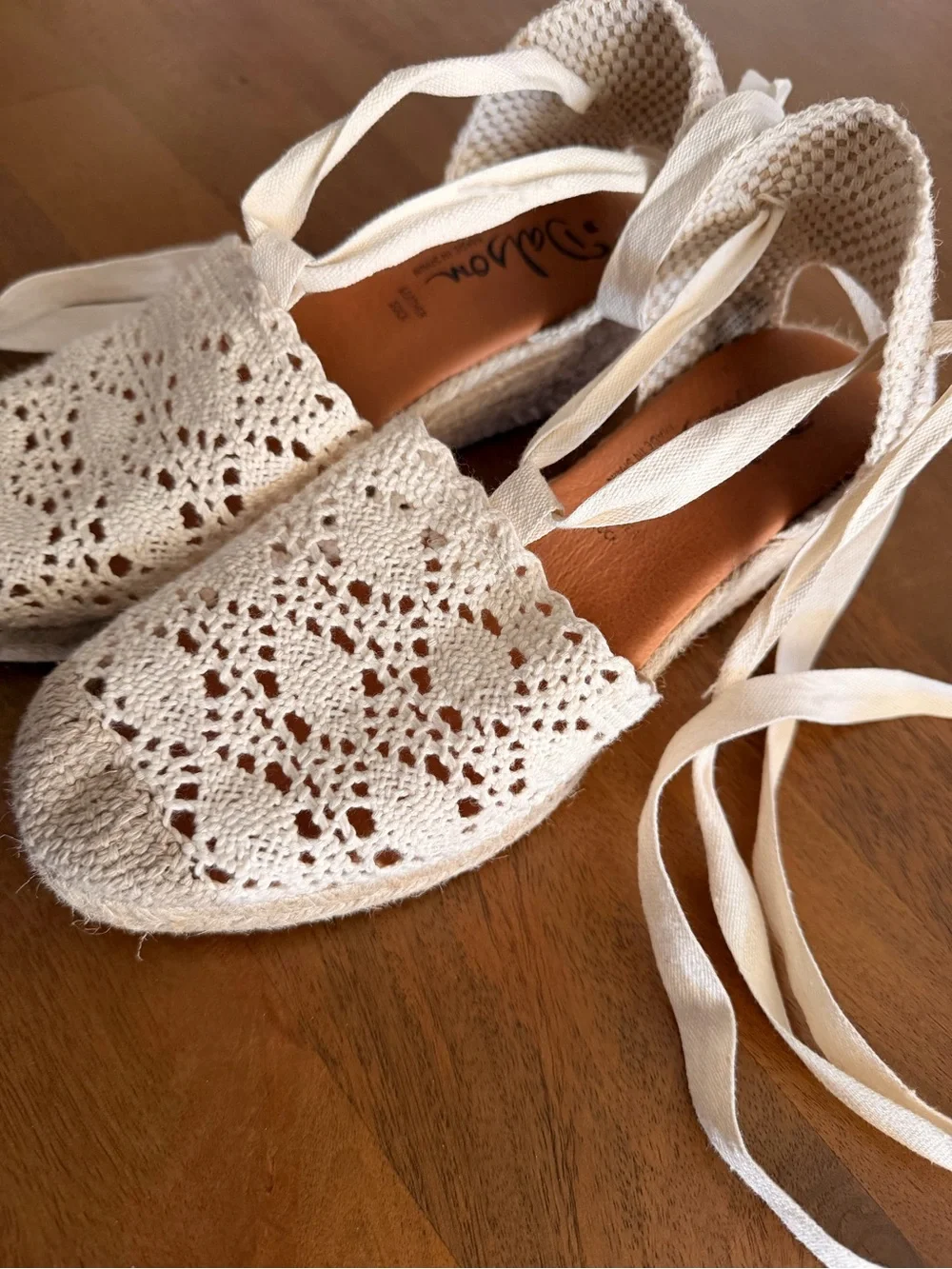 Crochet Espadrille Ankle-Tie Wedges in Cream